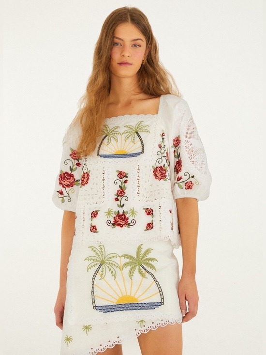 FARM Rio Tops - Farm Rio Off-White Tropi Scarf Embroidered Blouse